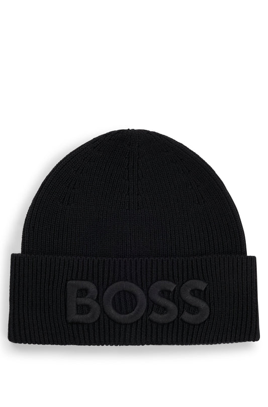 Hugo Boss Men Orange Wool Embroided Logo Black Beanie