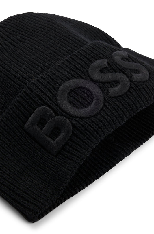 Hugo Boss Men Orange Wool Embroided Logo Black Beanie
