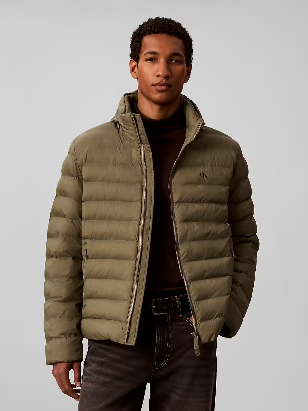 Calvin Klein Nylon Hooded Dusty Olive Puffer Jacket