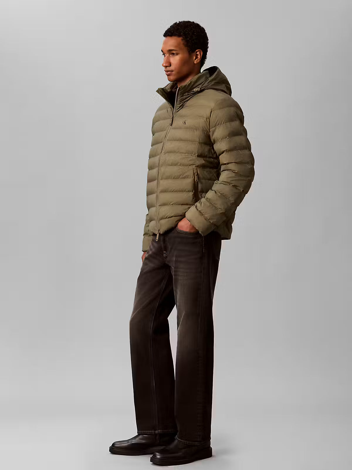Calvin Klein Nylon Hooded Dusty Olive Puffer Jacket