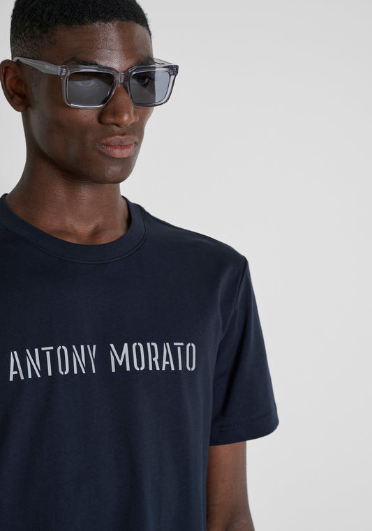 Antony Morato Cotton Logo Print Navy Blue T-Shirt